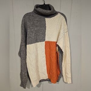 Maisolly Women's Medium Turtleneck Sweater Colorblock Cable Knit Chunky NWOT